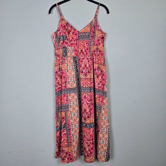Old Navy Womens Floral Patchwork Midi Dress Size M Pink V Neck Boho Hippie Flowy - Picture 1 of 8